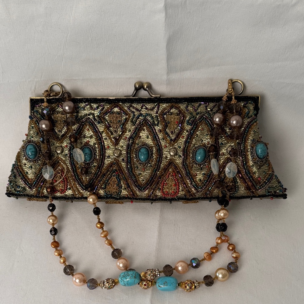 Elegant Caroline Day Beaded Clutch with Gold and Turquoise Accents